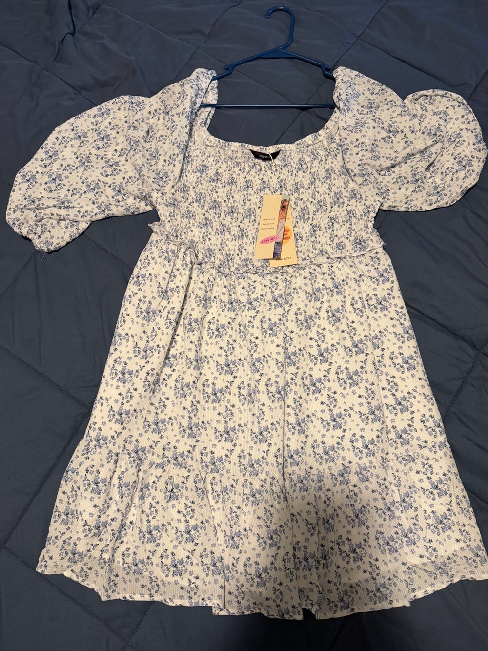 White Floral Smocked Puff-Sleeve Dress with Blue Print